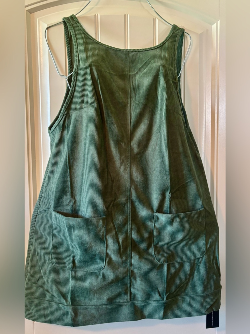 Green Corduroy Overall or Jumper Dress Round Neck Sleevless w/ Front Packets